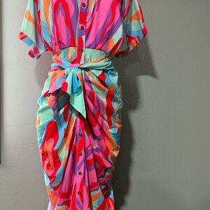 Vibrant Multicolor Tie-Waist Shirt Dress